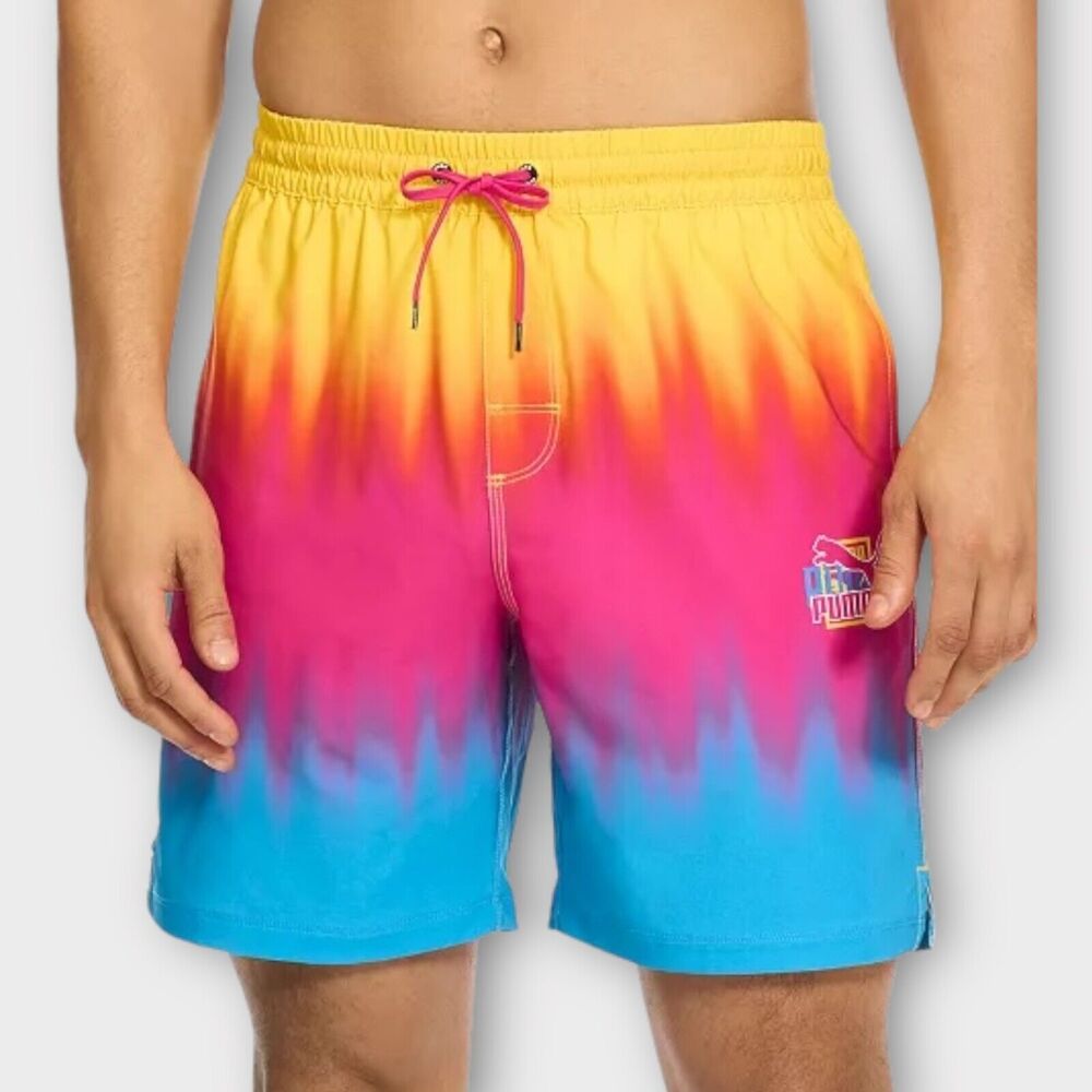 $60 Puma Swim Board Shorts Mens Medium Tie Dye 7" Colorful Lava Above Knee 2023